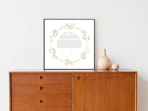 Miniatura 4 de Maybie & Co. Obra de arte enmarcada personalizada de Ketubah de hoja floral dorada Contrato de amor de arte judío Contrato de matrimonio