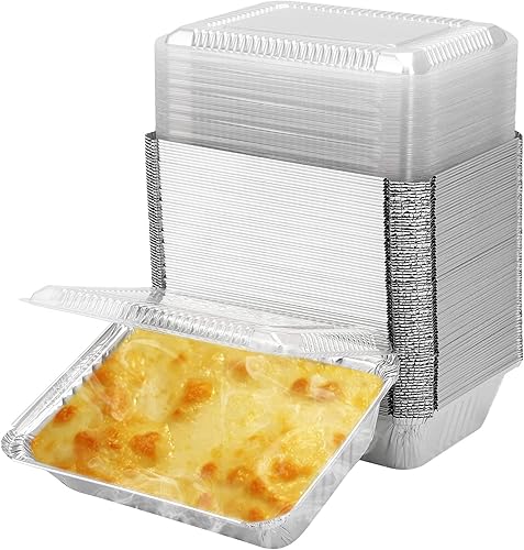 HOZEON Paquete de 125 bandejas de papel de aluminio desechables de 2.25 libras, 8.4 x 5.9 pulgadas, bandejas desechables para llevar con tapas
