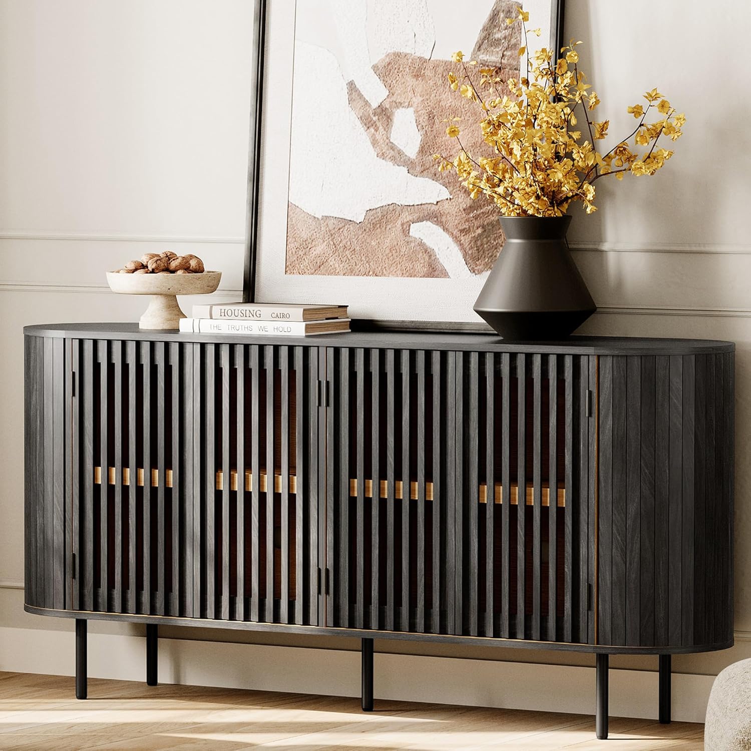 WAMPAT Fluted Sideboard Buffet Cabinet, 65" Mid Century Modern Credenza Storage Cabinet with 4 Pop-Up Doors, Wood Accent Kitchen Buffet Table for Dining Room,Living Room, Entryway, Black