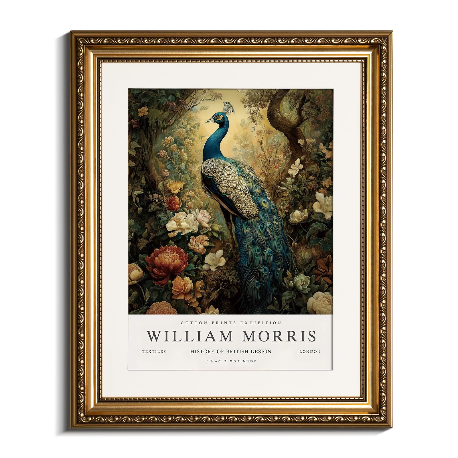 InSimSea Retro Gold Framed Wall Art, William Morris Peacock Canvas Prints Art, Small Shelf Decor, 13x16inch, Vintage Pictures Decor for Bedroom Bathroom Dining Room