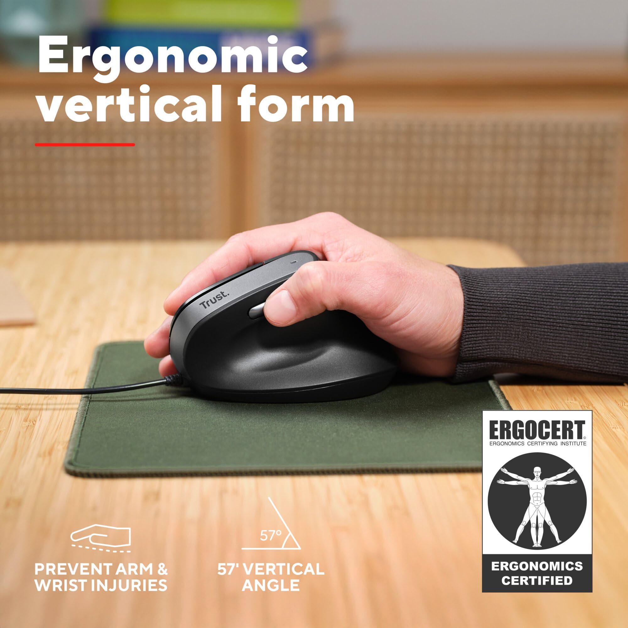 Trust Yuno ergonomiczna mysz przewodowa USB, myszka pionowa, czarna | dla osób praworęcznych, 800-2400 DPI, kabel 150 cm, sensor optyczny, 6 przycisków, 60% plastiku z recyklingu