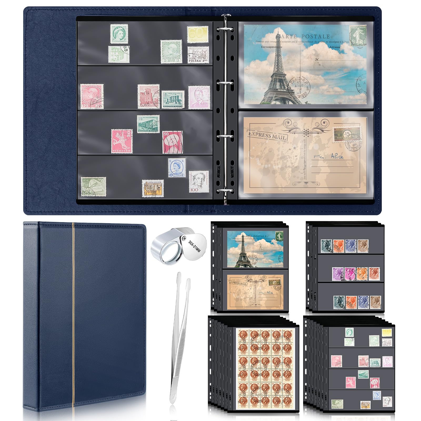 Lewtemi Stamp Collecting Album Set 20 Pages, Blue, 1/2/3/4 Rows