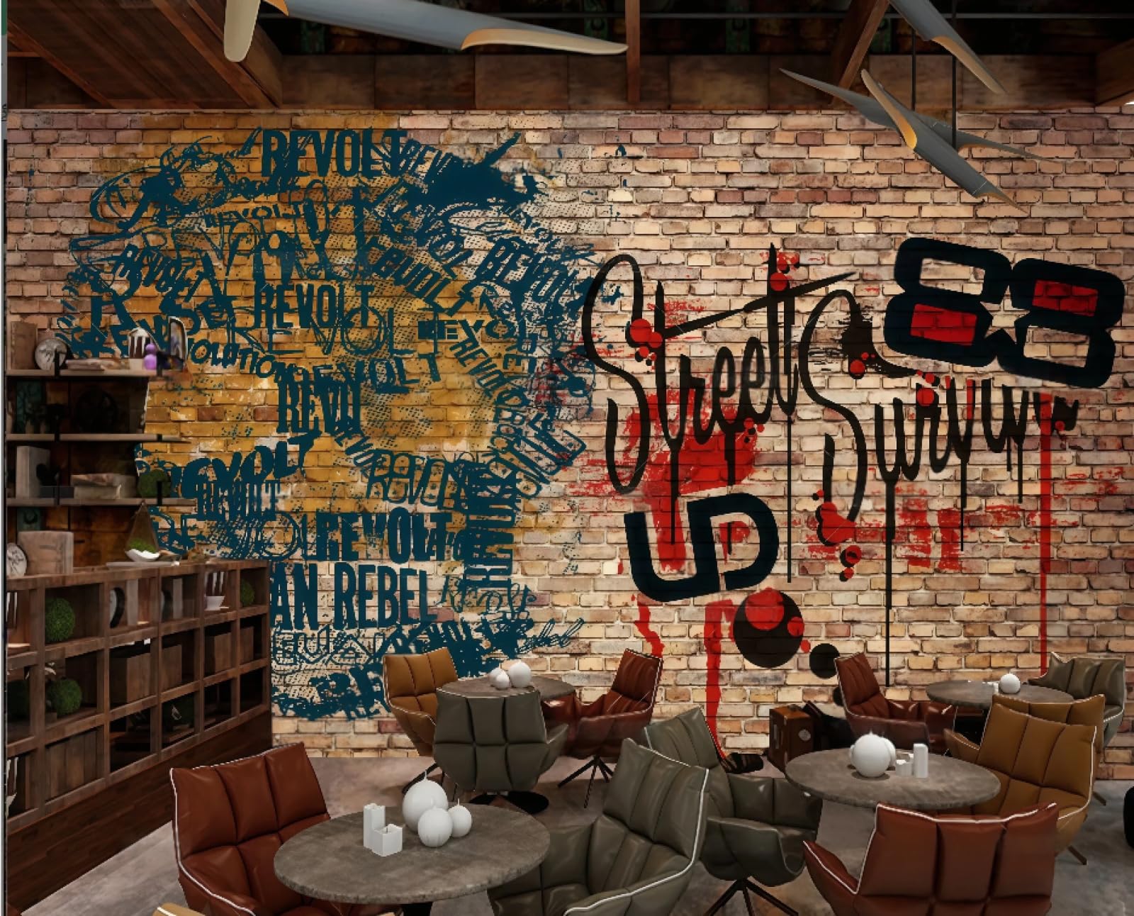 Xdoubao 3D Wallpaper Nostalgic Retro Brick Wall Trend Graffiti Letters Music Bar Theme Food Afternoon Tea Western Restaurant Background Wall Wallpaper Coffee Shop Mural,,250X175cm