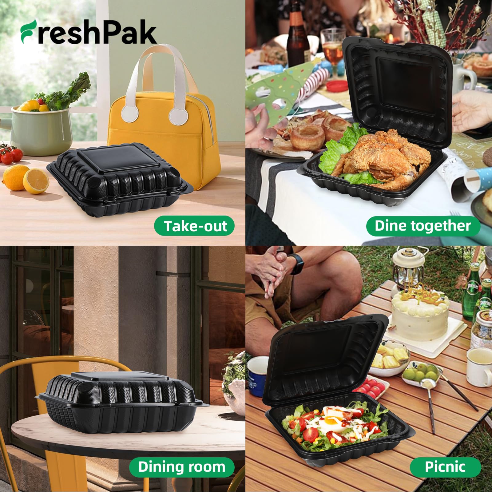 FRESHPAK Paquete de 55 recipientes de preparación de comidas de 8 x 8 pulgadas, 34 onzas, envoltura retráctil lista para usar | Cajas resistentes para llevar | Sin BPA y apilables | Apto para microondas, congelador y lavavajillas para sobras, catering
