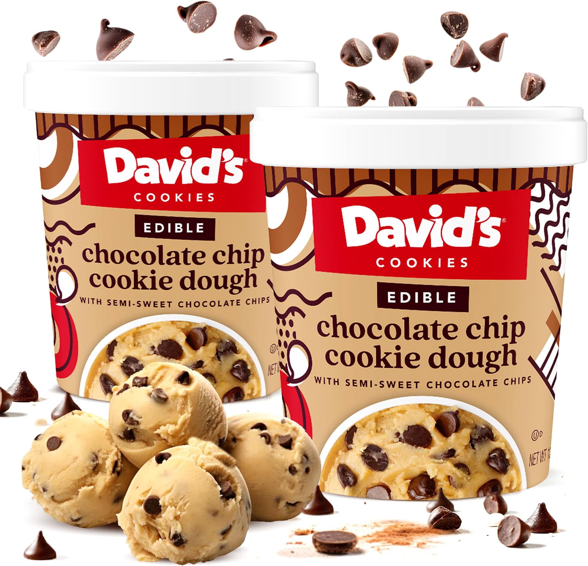 David’s Cookies Chocolate Chip Edible Cookie Dough – 2 Tubs (12oz Each) – Safe-to-Eat, Eggless Recipe with Heat-Treated Flour – Loaded with Semi-Sweet Chocolate Chips – Ready-to-Eat Dessert Treat