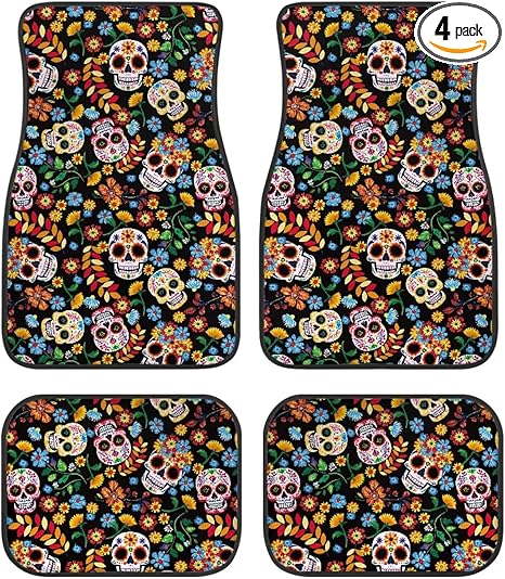 Sugar Skull Car Floor Mats for Cars,SUV,Sedans - Soft Car Mats Full Set Rubber Automotive Carpet with Anti-Slip Backing, Easy to Clean