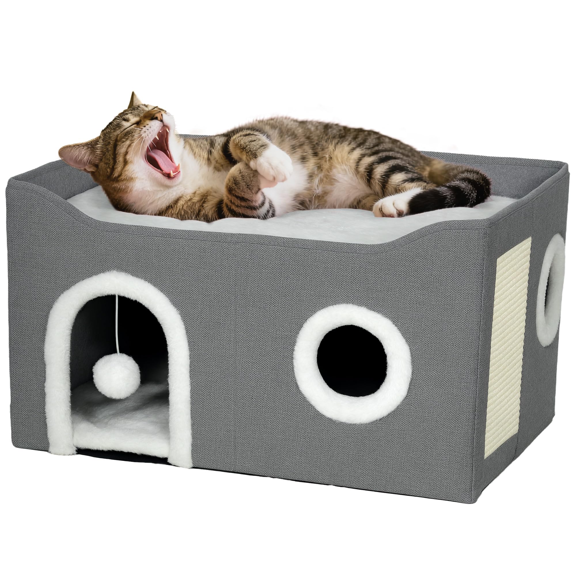 PawHut Casa para Gatos Plegable, Cama para Gatos con Rascador, 3 Entradas, Bola Colgante, Cojín Reversible en Felpa y Tipo Lino, para Interior, 60x40x34 cm, Gris