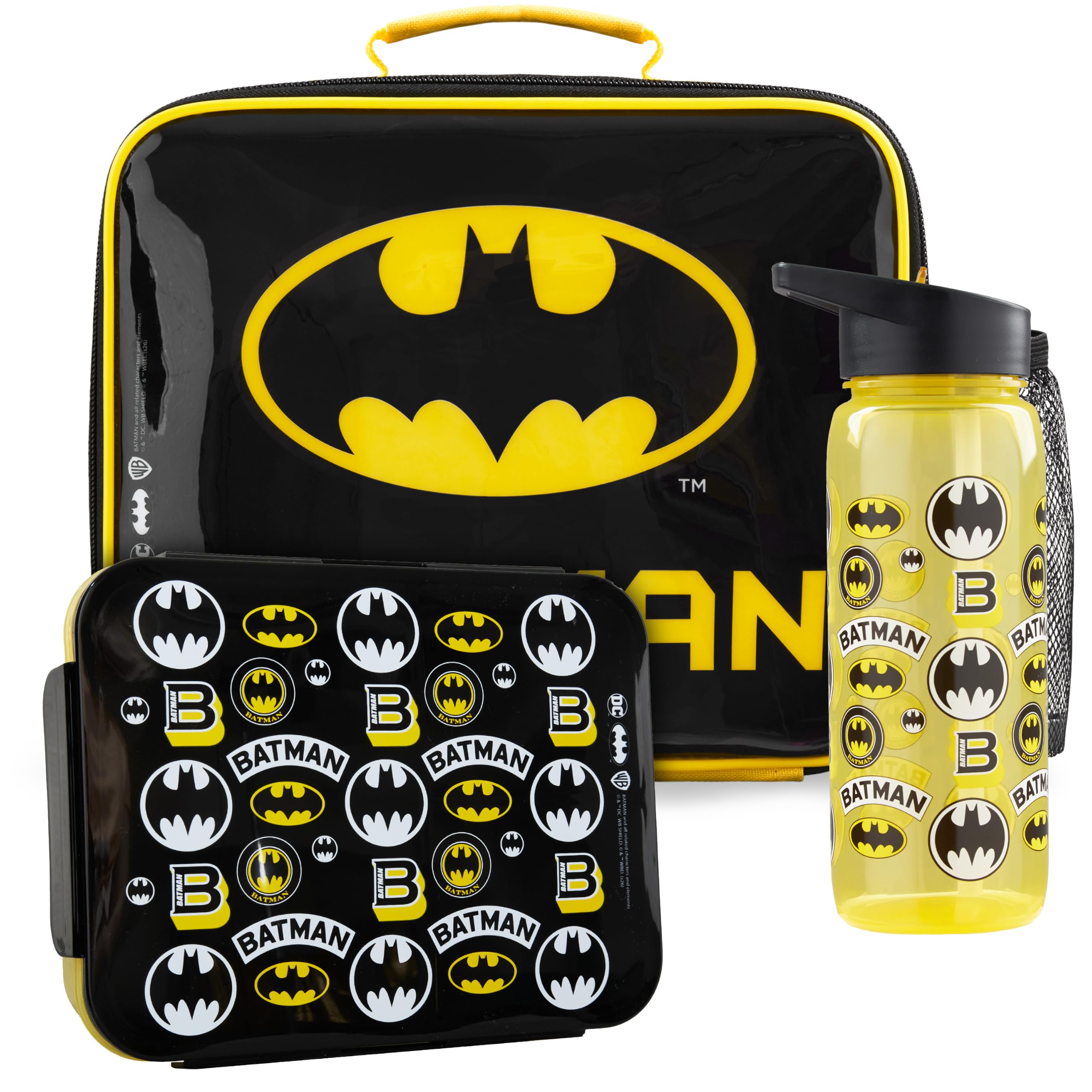 Get Trend Batman Kids Insulated Lunch Bag Set, 3Pc Bento Lunch Box, 640ml BPA-Free Water Bottle & Food Carrier for School, Travel, Picnic, Gifts for Boys (Black/Yellow Batman)