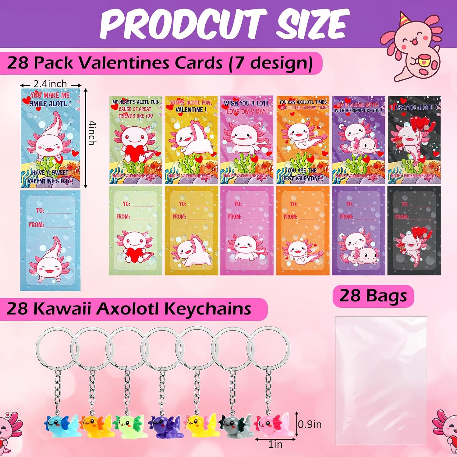 HyDren 28 Packs Valentine Kawaii Axolotl Greeting Cards with Keychains Gift for Kids Birthday Party Classroom Prizes Exchange (Opaque,Bright Color)