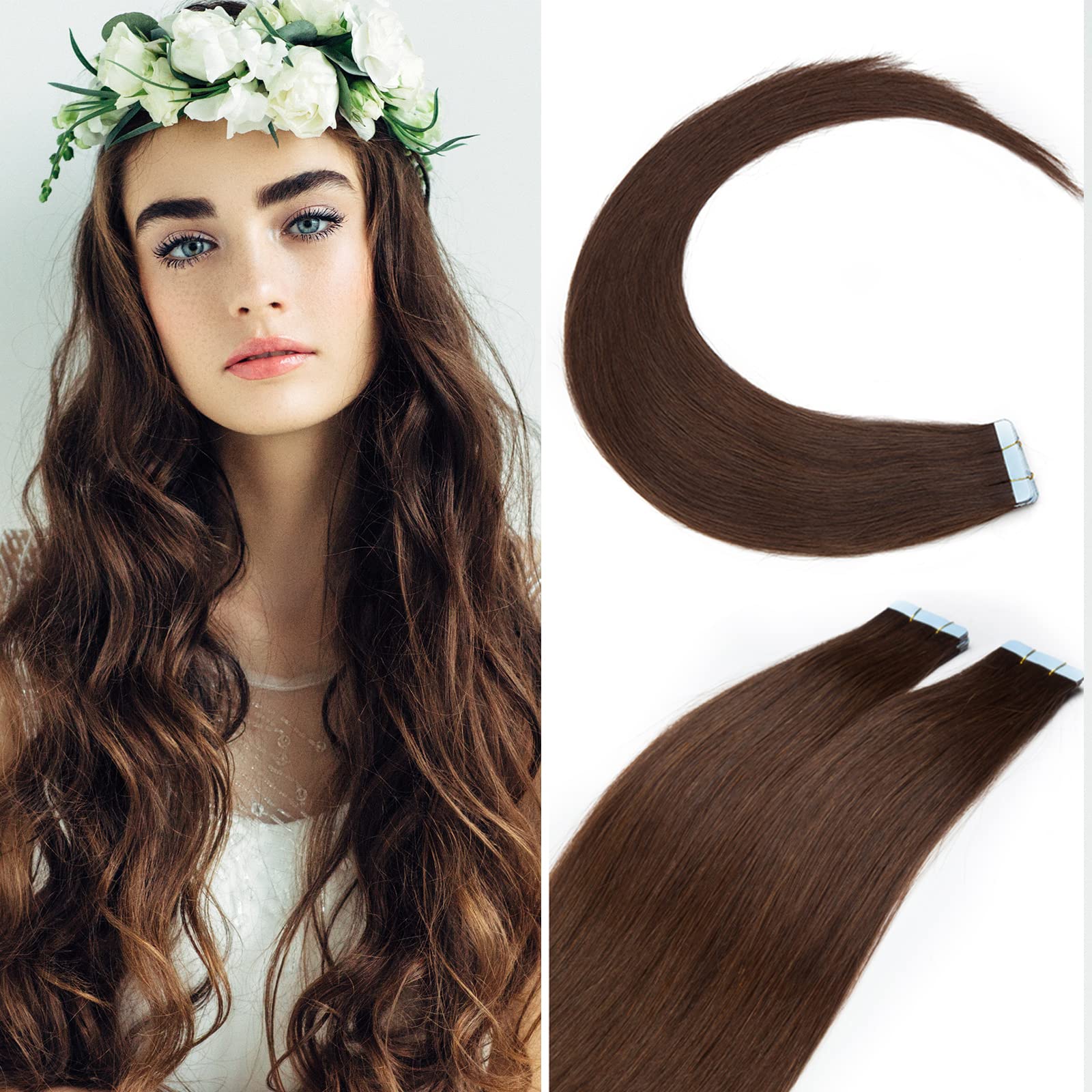 12"(30cm) SEGO 10PCS Extensiones Adhesivas Naturales Pelo Humano sin Clip [#4/27 Castaño Chocolate/Rubio Oscuro] Cabello 100% Remy Liso Balayage Tape in Human Hair (20g) — view 9