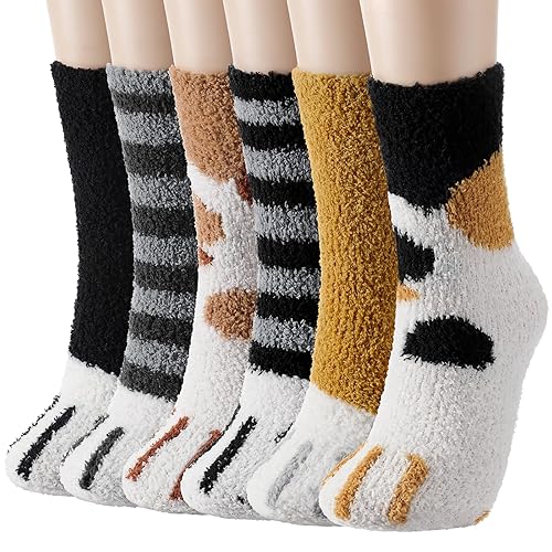 Fluffy Socks Womens, 6 Pairs Fuzzy Bed Socks, Cute Cat Womens Fluffy Socks, Warm Soft Cozy Cat Paw Socks, Funny Ladies Fluffy Socks, Christmas Gifts for Women