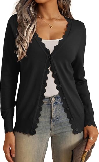 VERABENDI Womens Cardigans Lightweight Long Sleeve V Neck Button Down Cute Scalloped Edges Cardigan Sweaters for Women