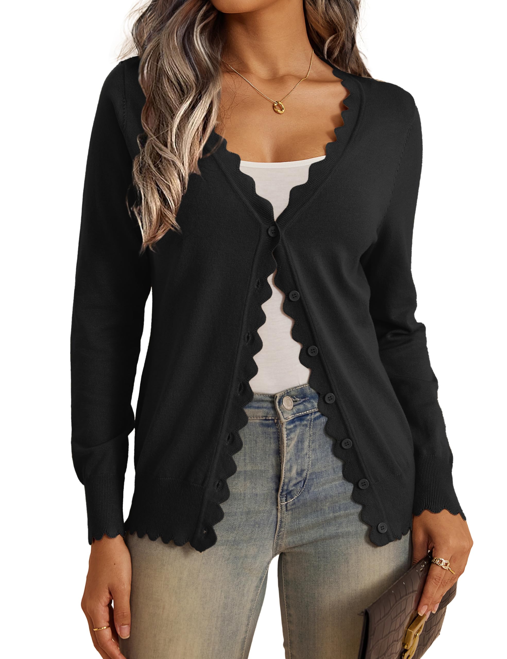 VERABENDI Womens Cardigans Lightweight Long Sleeve V Neck Button Down Cute Scalloped Edges Cardigan Sweaters for Women