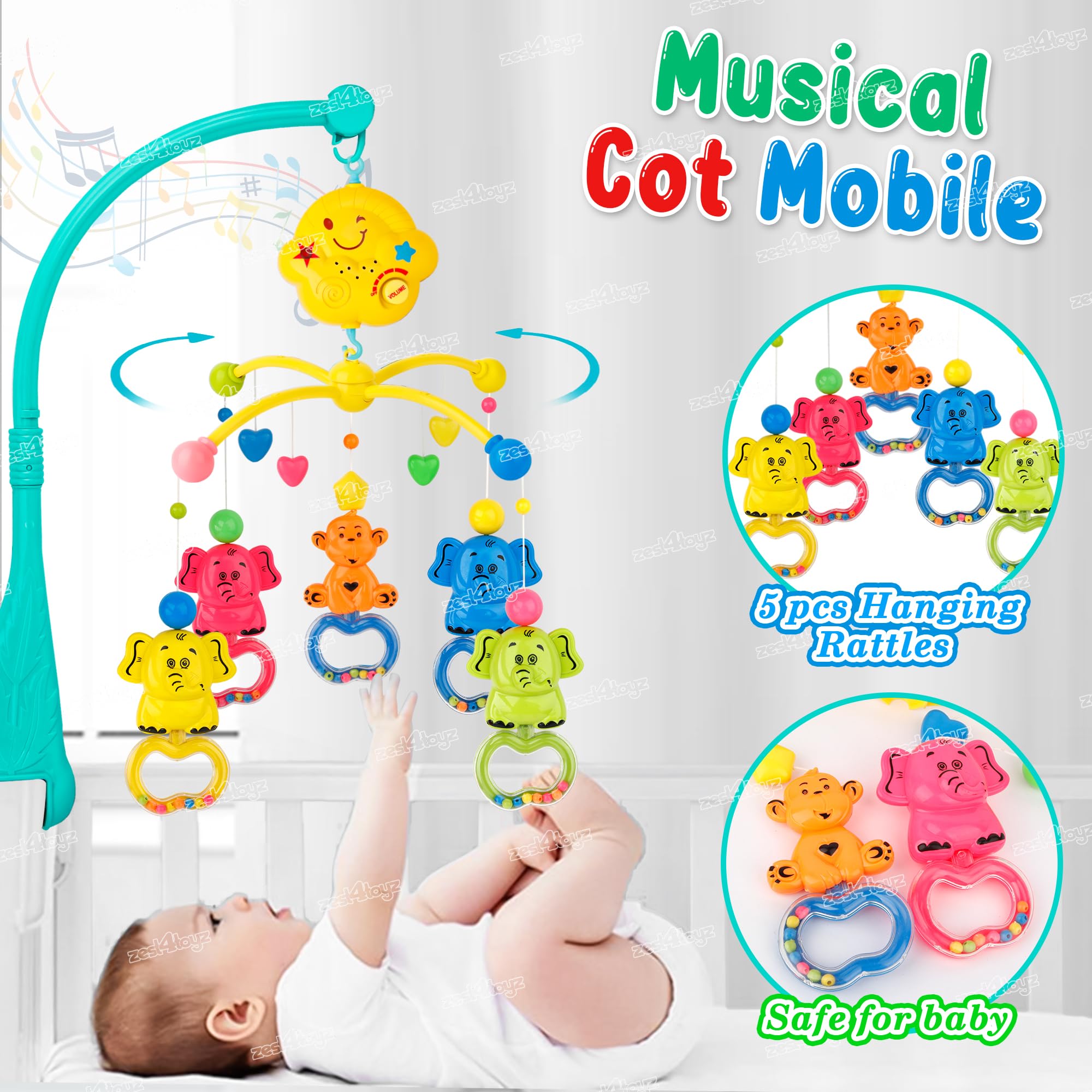 Zest 4 Toyz Musical Animal Cot Mobile Rotating Bell Hanging Toys Cot Musical & Light Rattle for Kids Cot Mobile for Cradle for Baby Jhoomer for Kids Bed - Image 5 thumbnail
