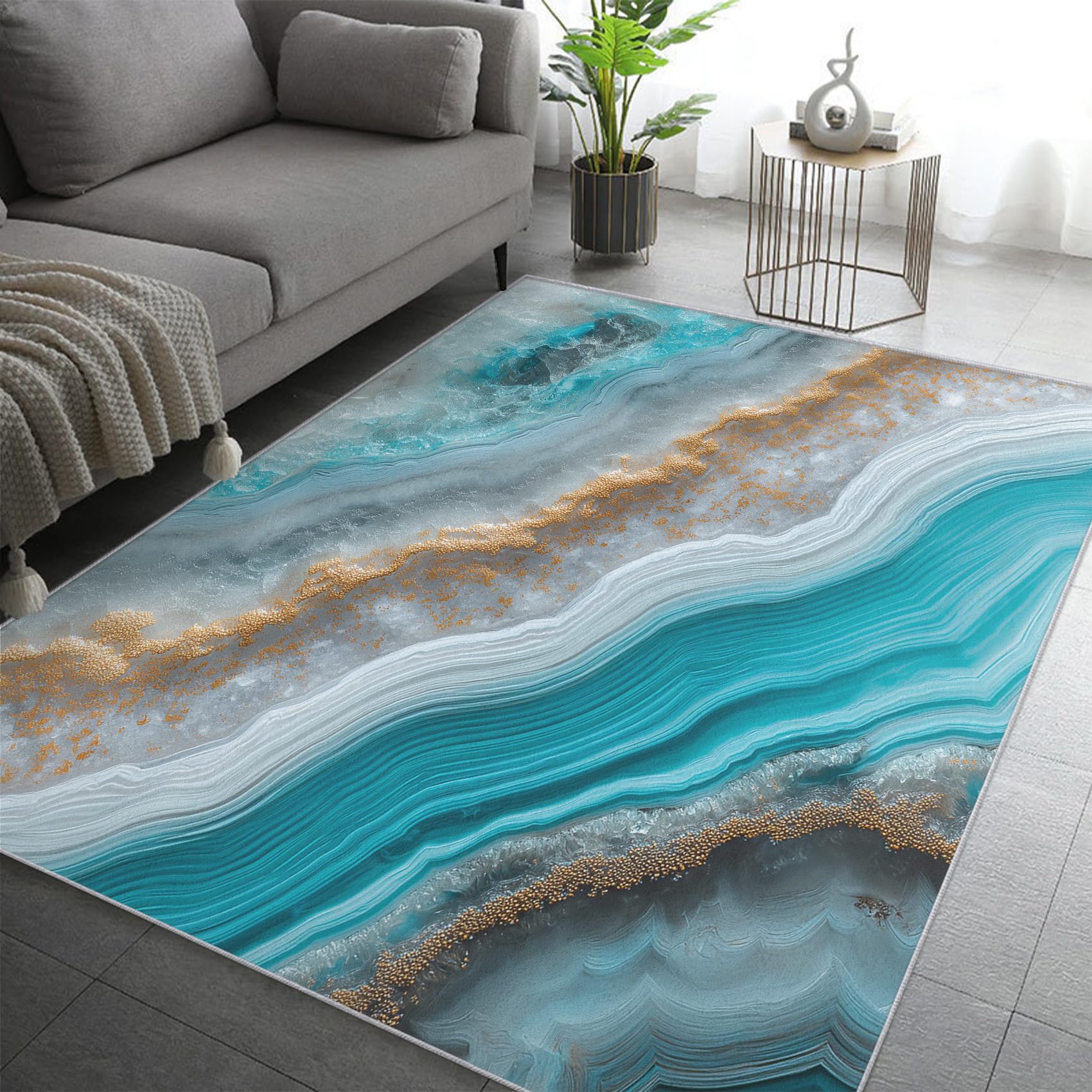 Blau Marmor Teppich 120x170 cm - Weicher Kurzflor Schlafzimmer & Wohnzimmer Teppich mit Fluid Art Design Antirutsch Flanell Modernes Treibsand-Muster für Elegante Deko