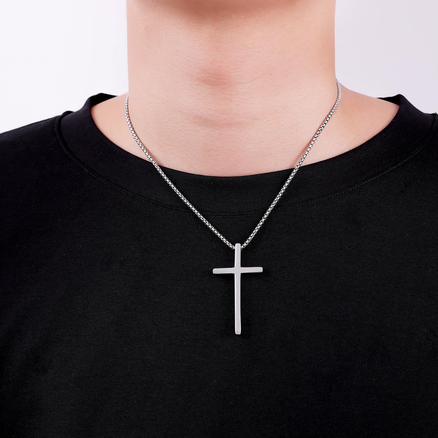 Fiusem Valentines Gifts for Him - Cross Necklace for Men, Silver/Gold/Black Mens Cross Necklaces with 2.5mm Cross Chain and Stainless Steel Cross Pendant, Box Chain 16-24 Inch, Jewelry Gift - Image 2