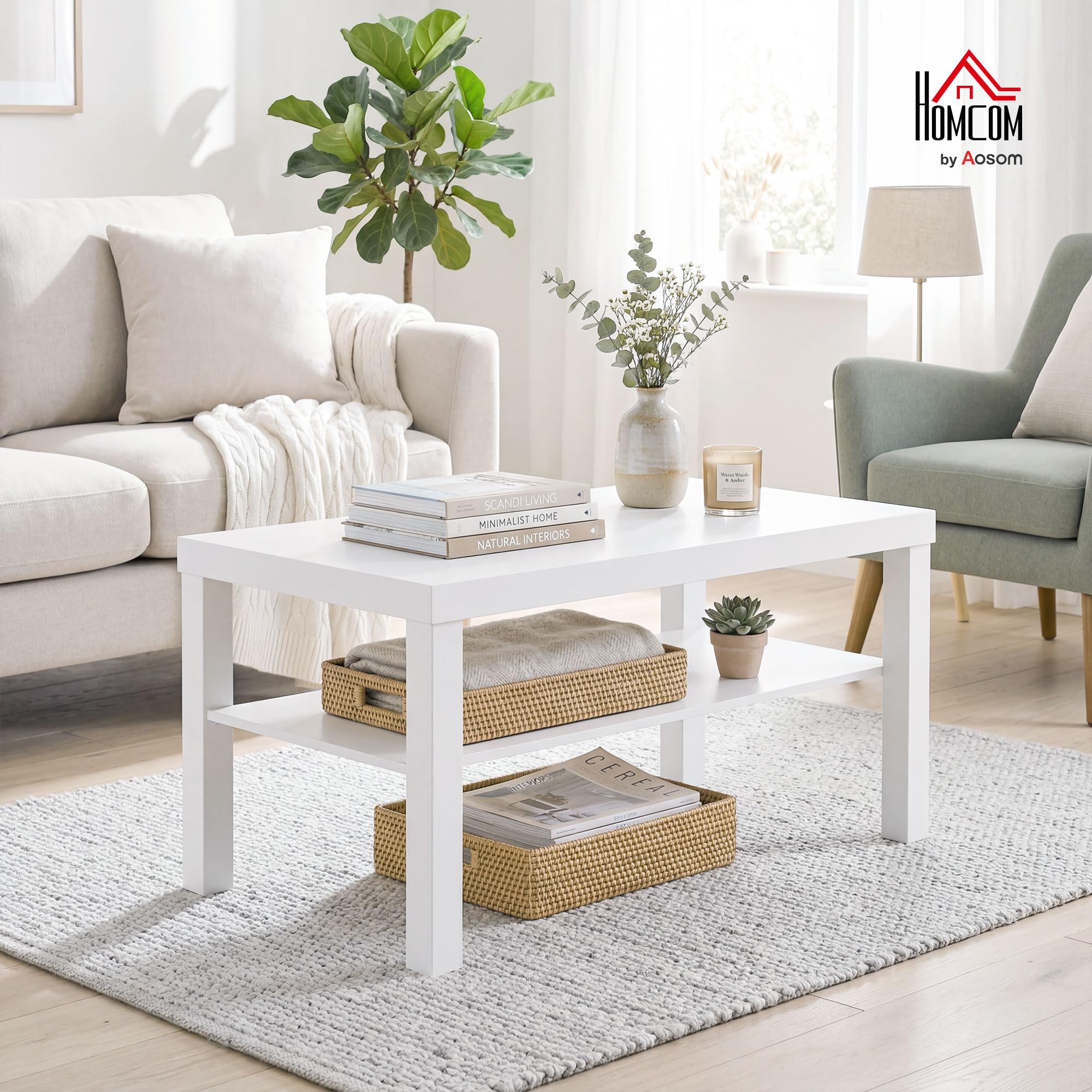 HOMCOM Table Basse de Salon avec 2 Niveaux 90 x 45 x 44,5 cm Blanc