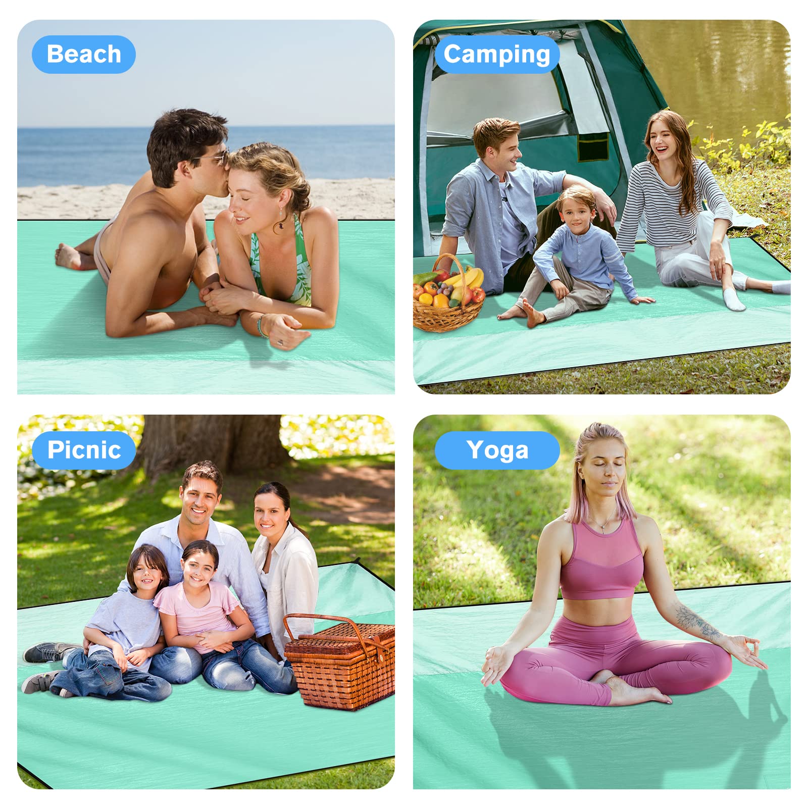 Stranddecke Sandfrei Super Groß 210x200 cm, Sanddicht Wasserdicht, Ultradünn Schnelltrocknend Tragbar Strandmatte, Leicht Weiches Bequemes Langlebiges Strandtuch, Grün