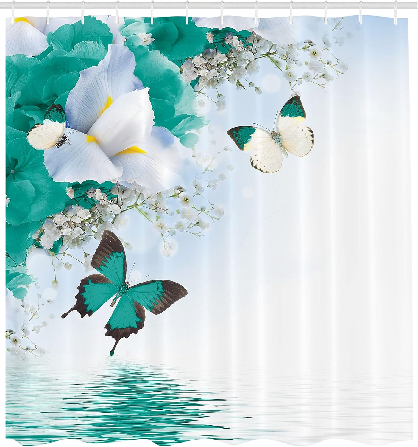 Ambesonne Floral Shower Curtain, Nature Theme Wild Flowers Monarch Flying Butterflies Lily on Lake Therapy Spa, Cloth Fabric Bathroom Decor Set with Hooks, 69" W x 75" L, Dark Seafoam