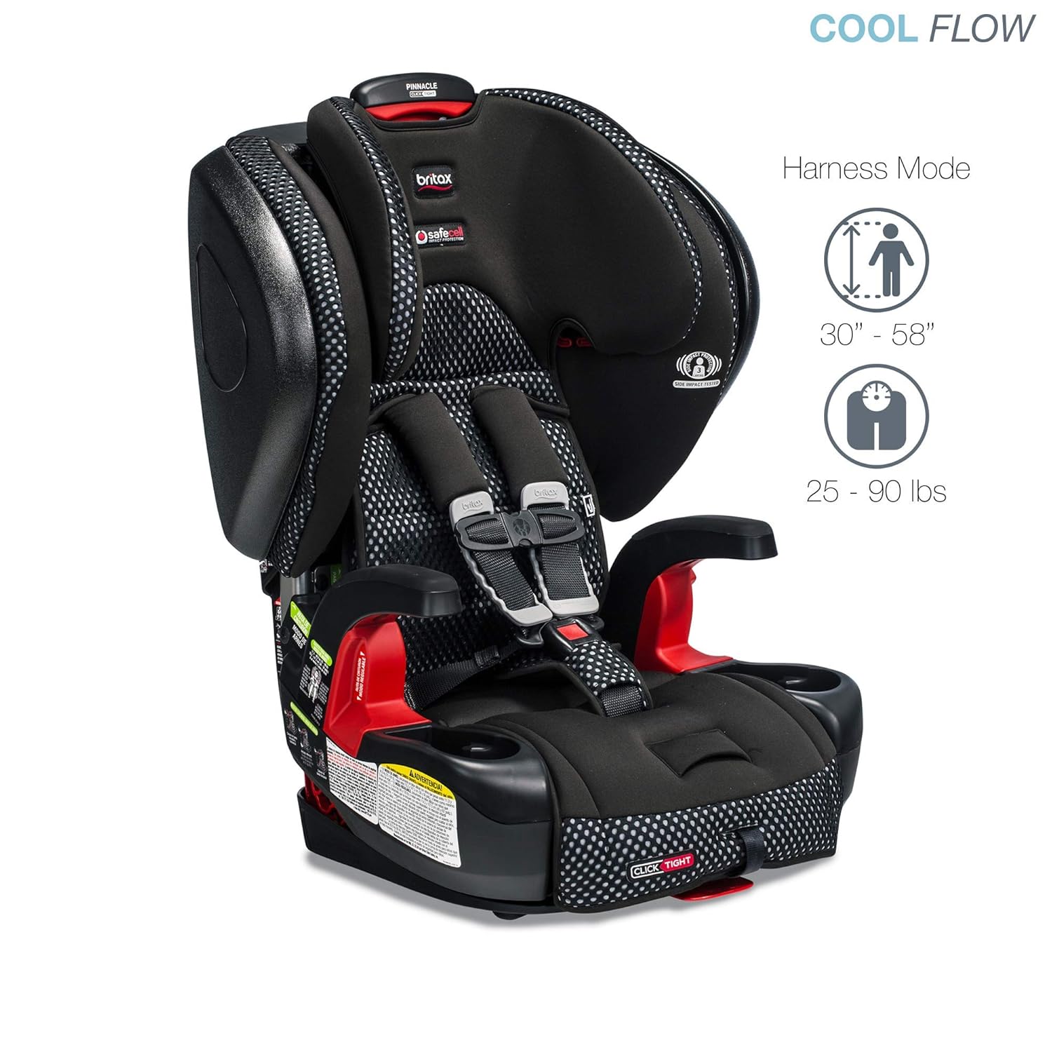 Britax Pinnacle car seat in harness mode, showing child height and weight limits.