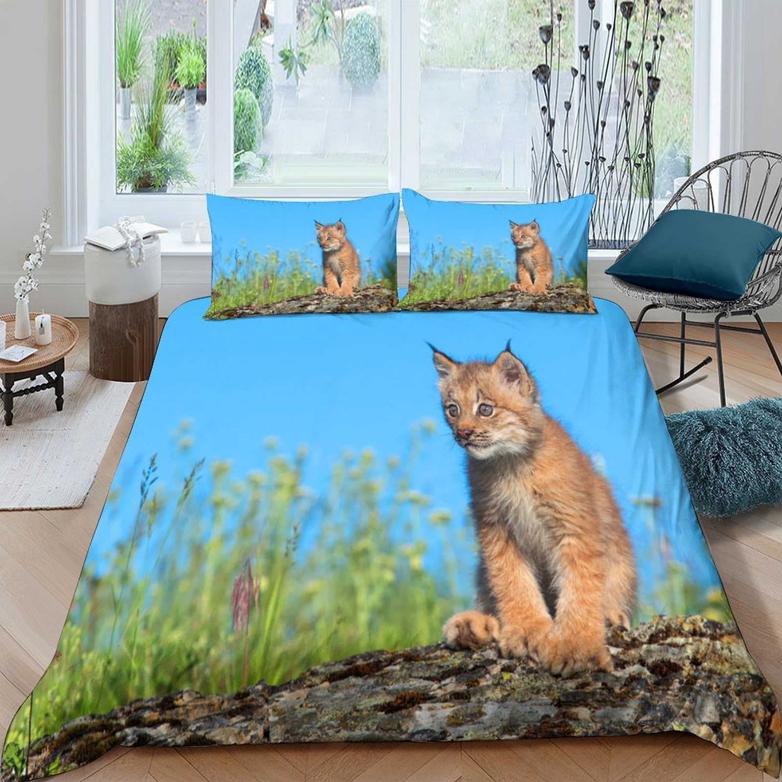 Ctjqhvkz Style-10 3D Printed Wild Lynx Fitted Sheet Microfiber Blue Forest Animal Mattress Cover For Bedroom Home Decor Single（135X200cm）