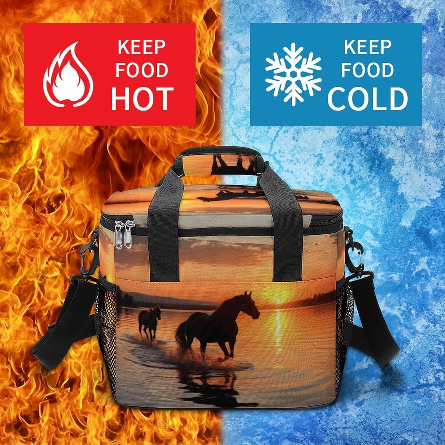 Large-Capacity Oxford Cloth Sunsets Lake Horses Printed Camping Ice Bag, Outdoor Portable Insulation and Cold Storage Bag, Enjoy A Cool Camping Time