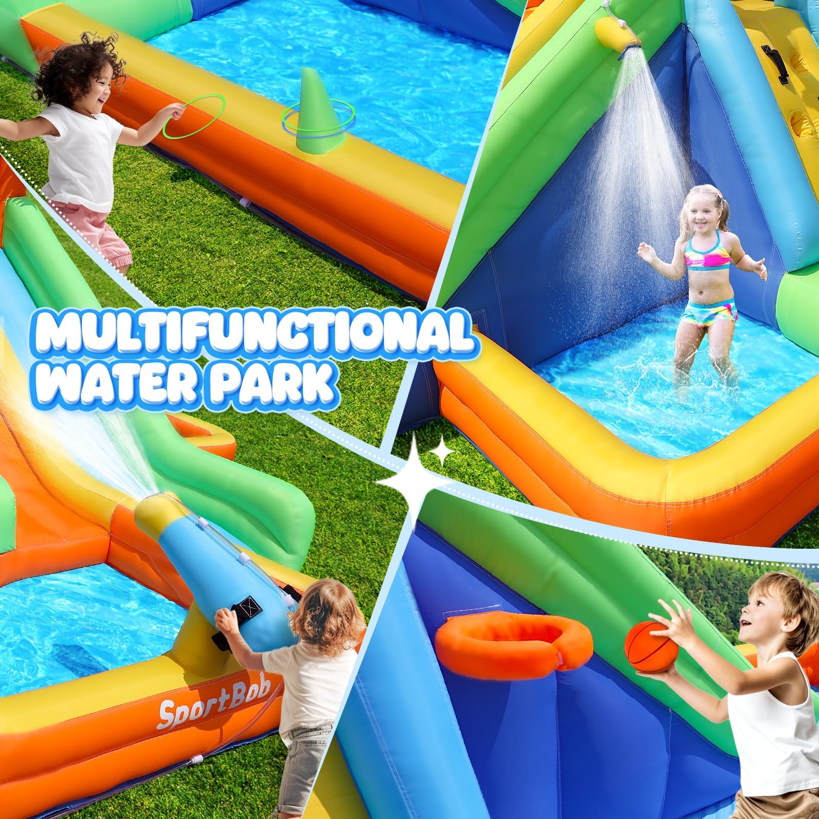 Hüpfburg Kinder mit Wasserrutsche und Gebläse, Hüpfburg mit Verlängerter Spritzender Wasserrutsche, Wasserpark Kinder mit 2 Wasserbecken und Wasserkanone für Indoor, Outdoor