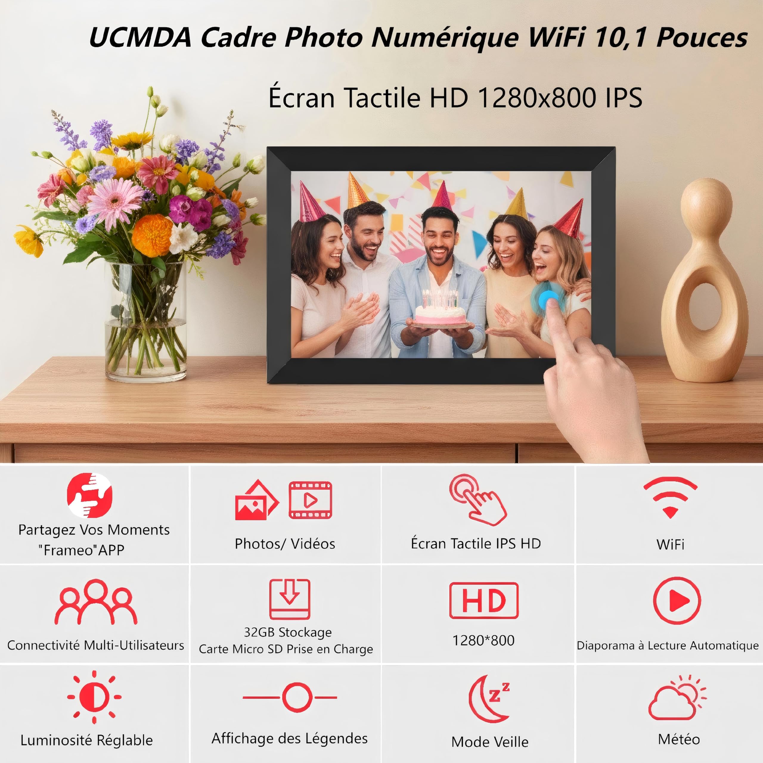 Cadre Photo Numérique WiFi - 10.1 Pouces IPS Écran Tactile Smart Cloud Connecté avec 32Go Espace, Partagez Instantanément des Clips Vidéo et Photos Via l'application Frameo,Rotation