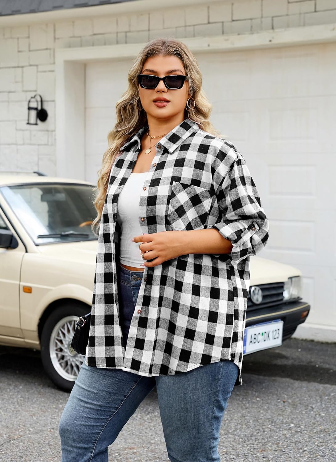 Womens Plaid Shirts Plus Size Soft Long Sleeve Button Down Flannel Shirt Roll Up Oversize Checkered Blouse Top - Image 5
