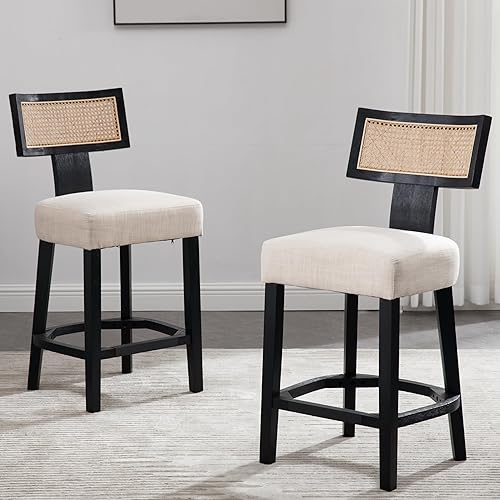Miniatura 59 de Juego de 2 taburetes de bar de ratán de 26 pulgadas, taburetes de bar de altura de mostrador, taburetes de cocina modernos con respaldo tejido de