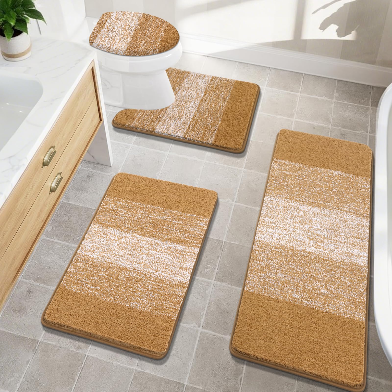 Bsmathom Bathroom Rugs Sets 4 Piece, Soft Absorbent Microfiber Bath Rugs with U-Shaped Contour Toilet Rug and Toilet Lid Cover, Thick Non-Slip Plush