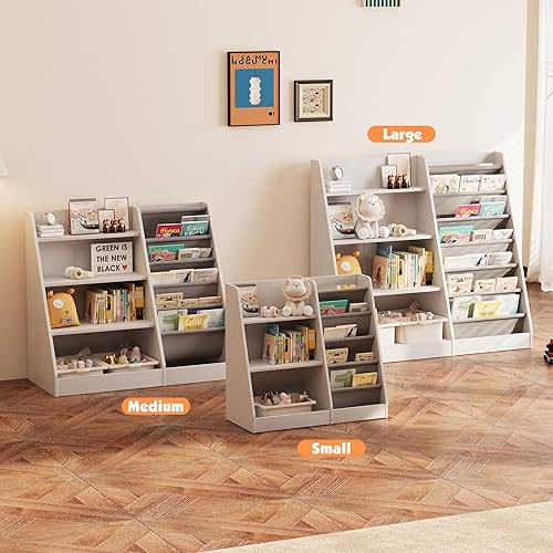 Miniatura 7 de NACHES Estantería infantil de 3 niveles de madera con 4 eslingas para niños, estante ajustable para libros, organizador de almacenamiento de