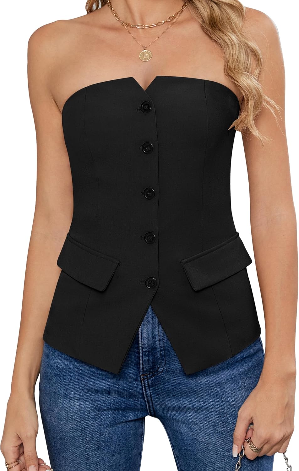 IWH Women's Summer Strapless Vest Tops Notched Neck Tube Tops Button Fitted Sleeveless Work Business Blazer Vest
