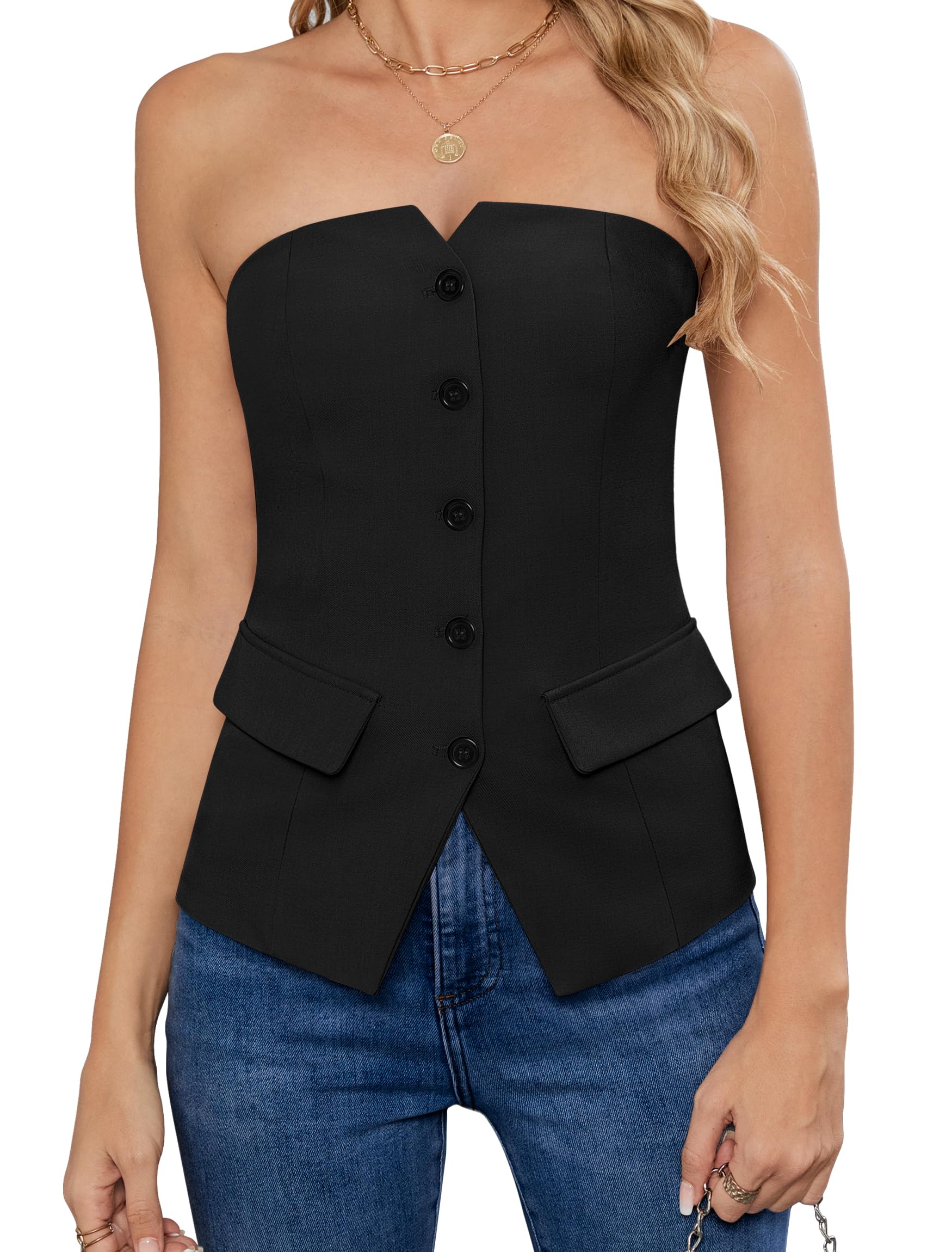 Womens Summer Strapless Vest Tops Notched Neck Tube Tops Button Fitted Sleeveless Work Business Blazer Vest