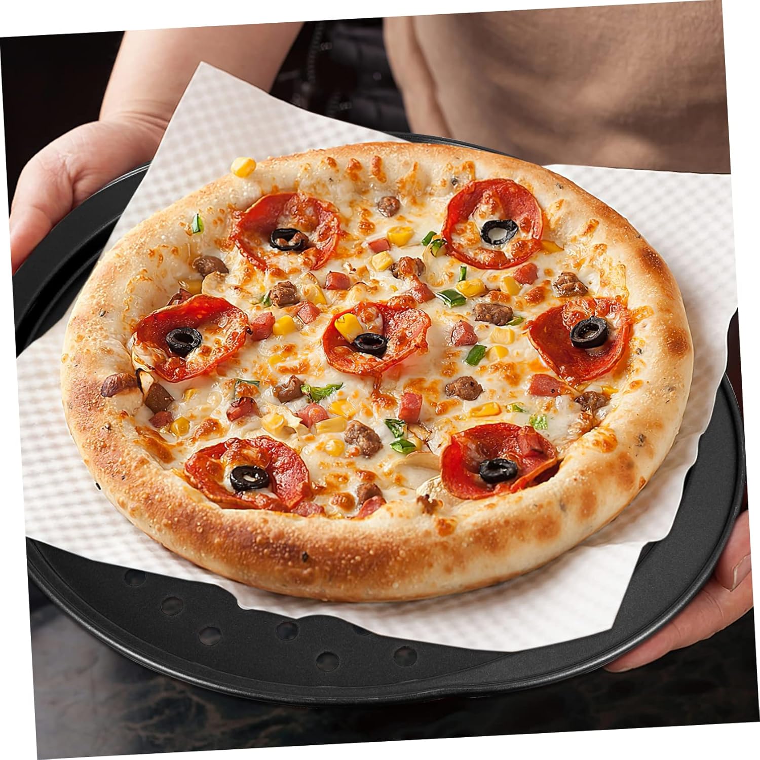 DECHOUS 4pcs Perforated Pizza Pans for Oven Carbon Steel Baking Trays Gripper Non-stick for Homemade Pizza