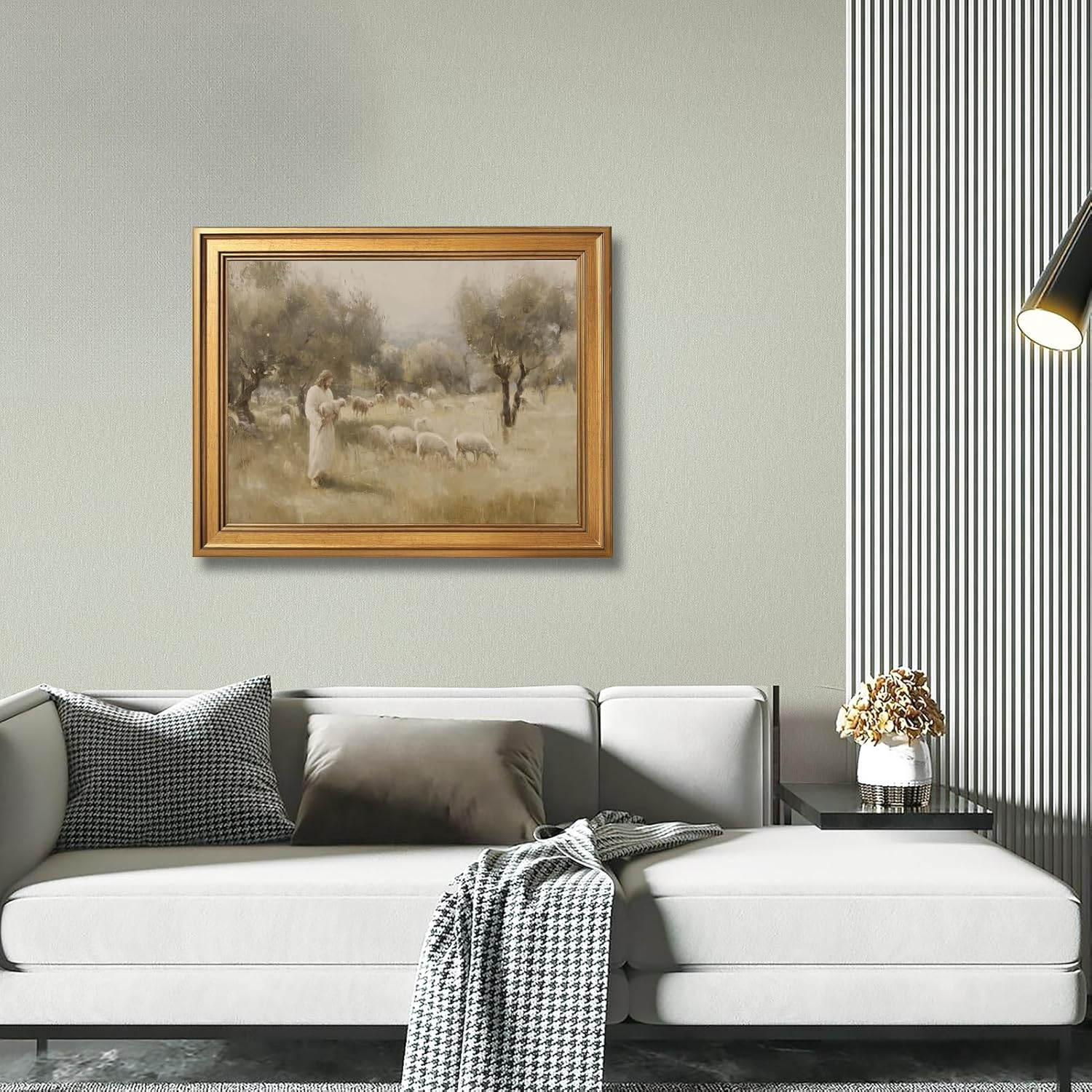 Gold Framed Good Shepherd Wall Art Canvas Print Jesus with Sheep Painting Picture Vintage Farmhouse Poster Easter Christian Decor Religious Artwork for Living Prayer Room Bedroom 12x16inch