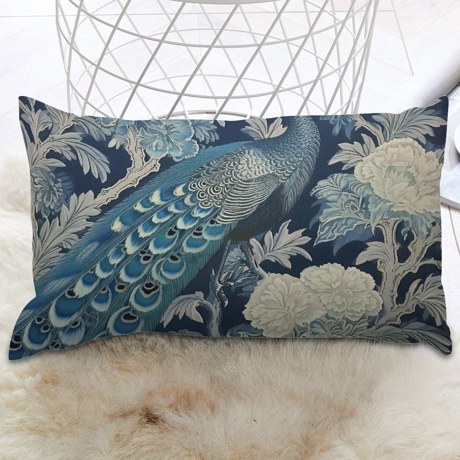 Blue Peacock Chinoiserie Rectangular Throw Pillow Cover Blue Grey Asian Flower Pillowcase Pillow Cover Classic Throw Pillow Covers Farmhouse Decorative For Sofa Couch Bed Chair Indoor 12x20 IN