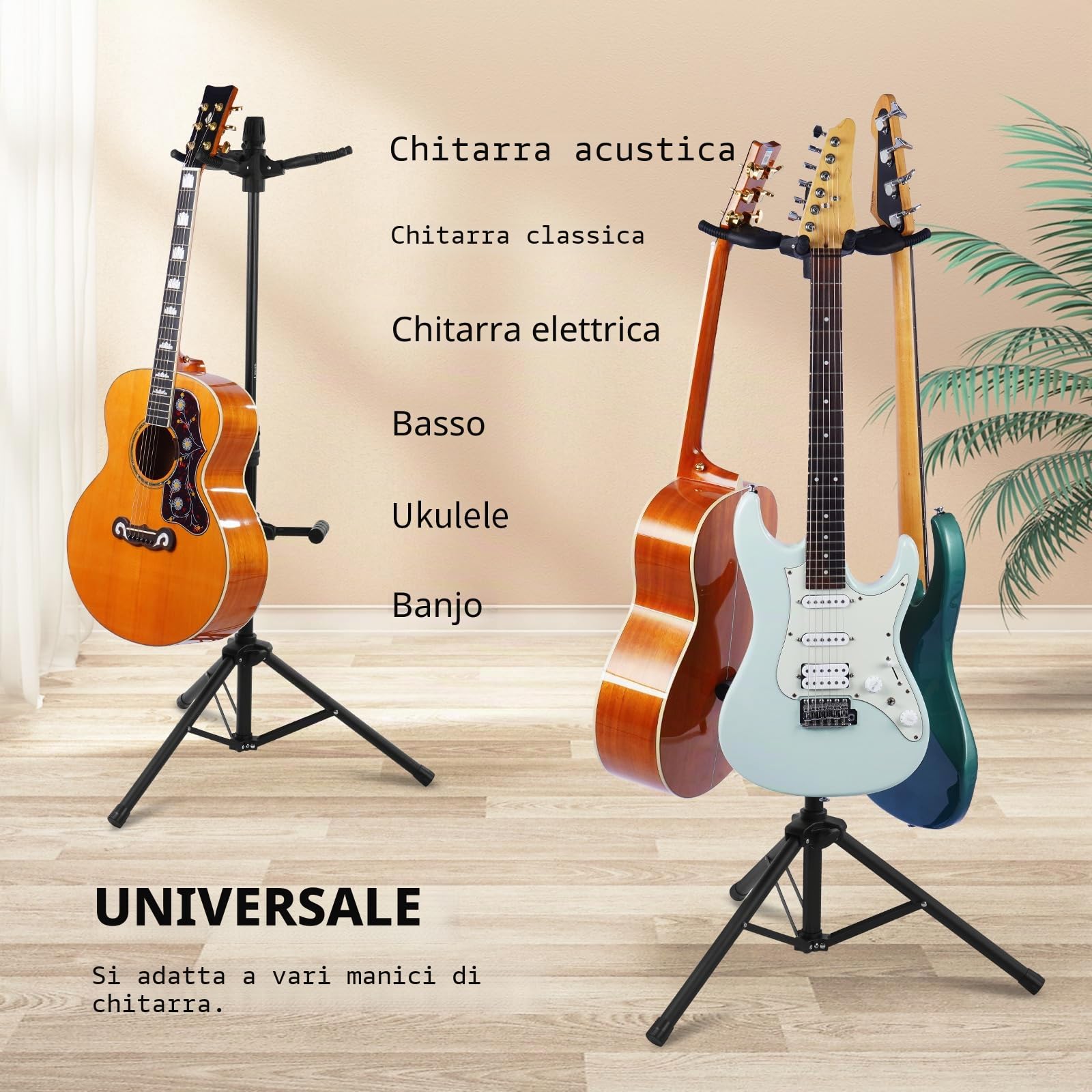 GUITTO Supporto Triplo per Chitarra da Pavimento Universale per Chitarre Acustiche, Elettriche, Bassi, Banjo, Pieghevole, Multi Supporto per Chitarre GGS-06T