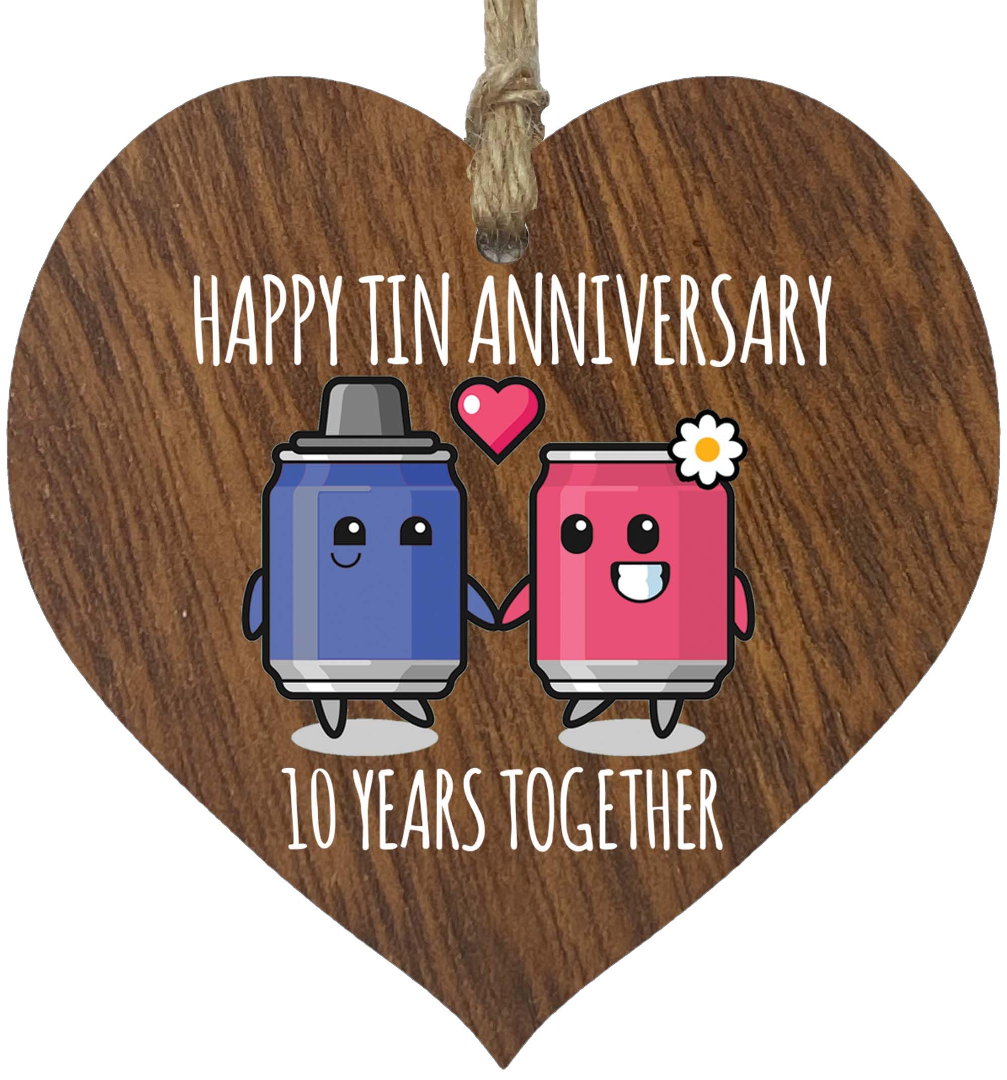 10th Wedding Anniversary Plaque Gift for Husband Wife - 10 Years Together - Happy Tin Anniversary Wooden Heart for Women Men Partner, Dark Wood Sign Keepsake Gifts