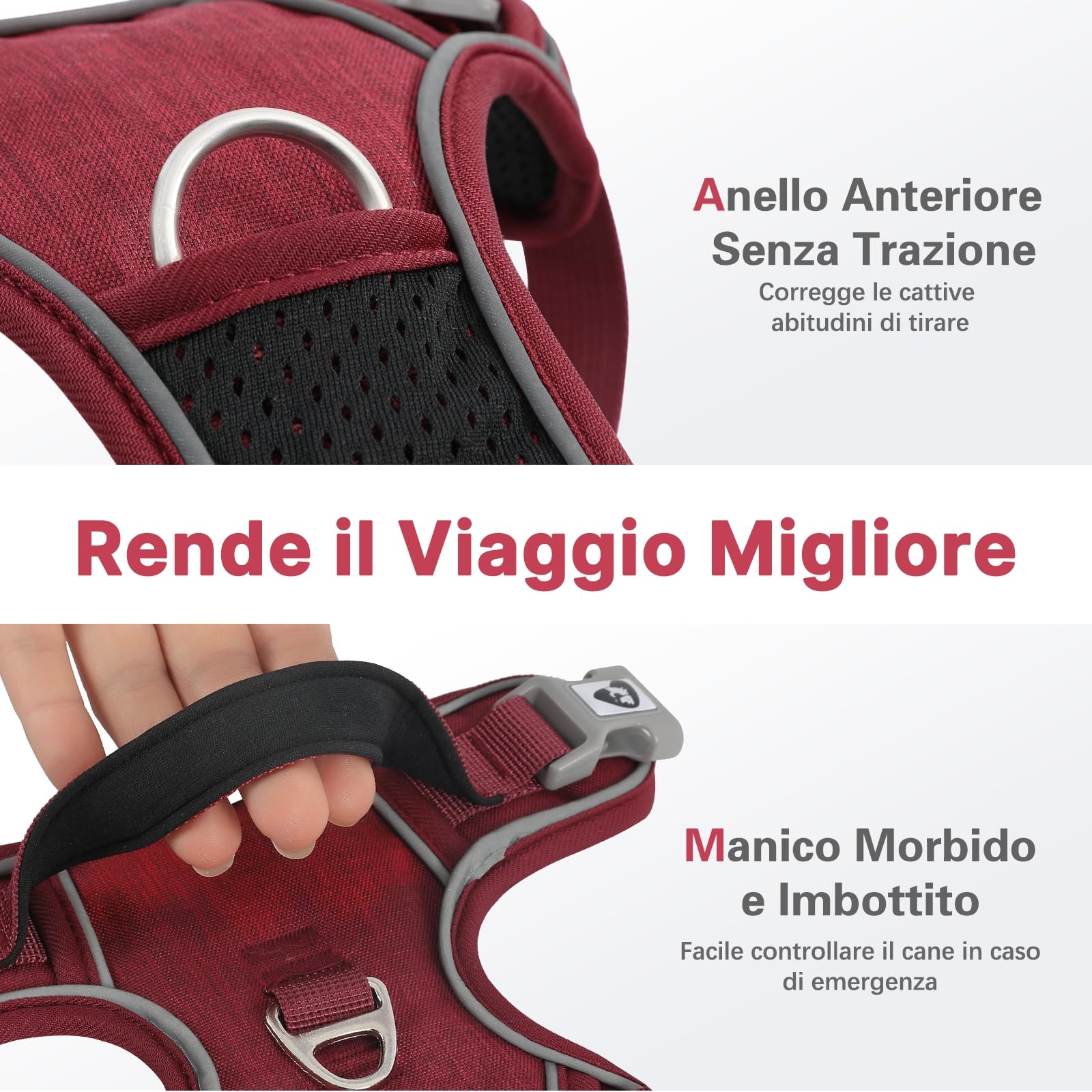 COMSLE Pettorina Cane Taglia Grande Media Piccola, Pettorina Cane ad h Riflettente, Pettorina Anti Tiro per Cani Regolabile con Doppio Anello, Imbracatura Cani Traspirante, Rosso, XL