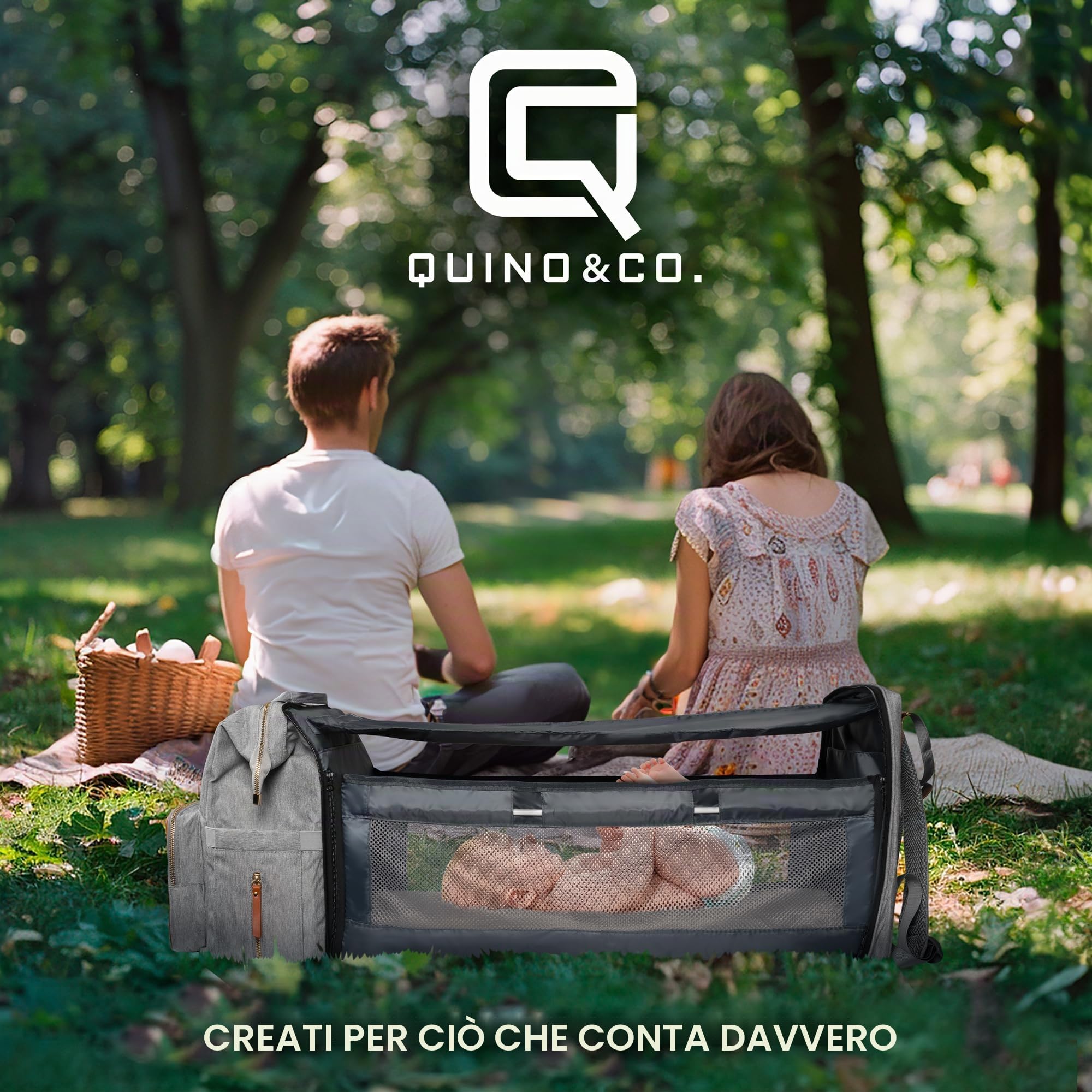 QUINO&CO Borsa Zaino Mamma Neonato Fasciatoio Multifunzione per Passeggino | Custodia per Biberon Grande, Impermeabile e Isolata, USB | Zaino Cambio per Pannolini Unisex
