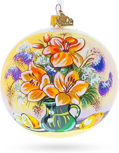 Arte ucraniano florero floral obra maestra bola de vidrio soplado adorno de Navidad 4 pulgadas