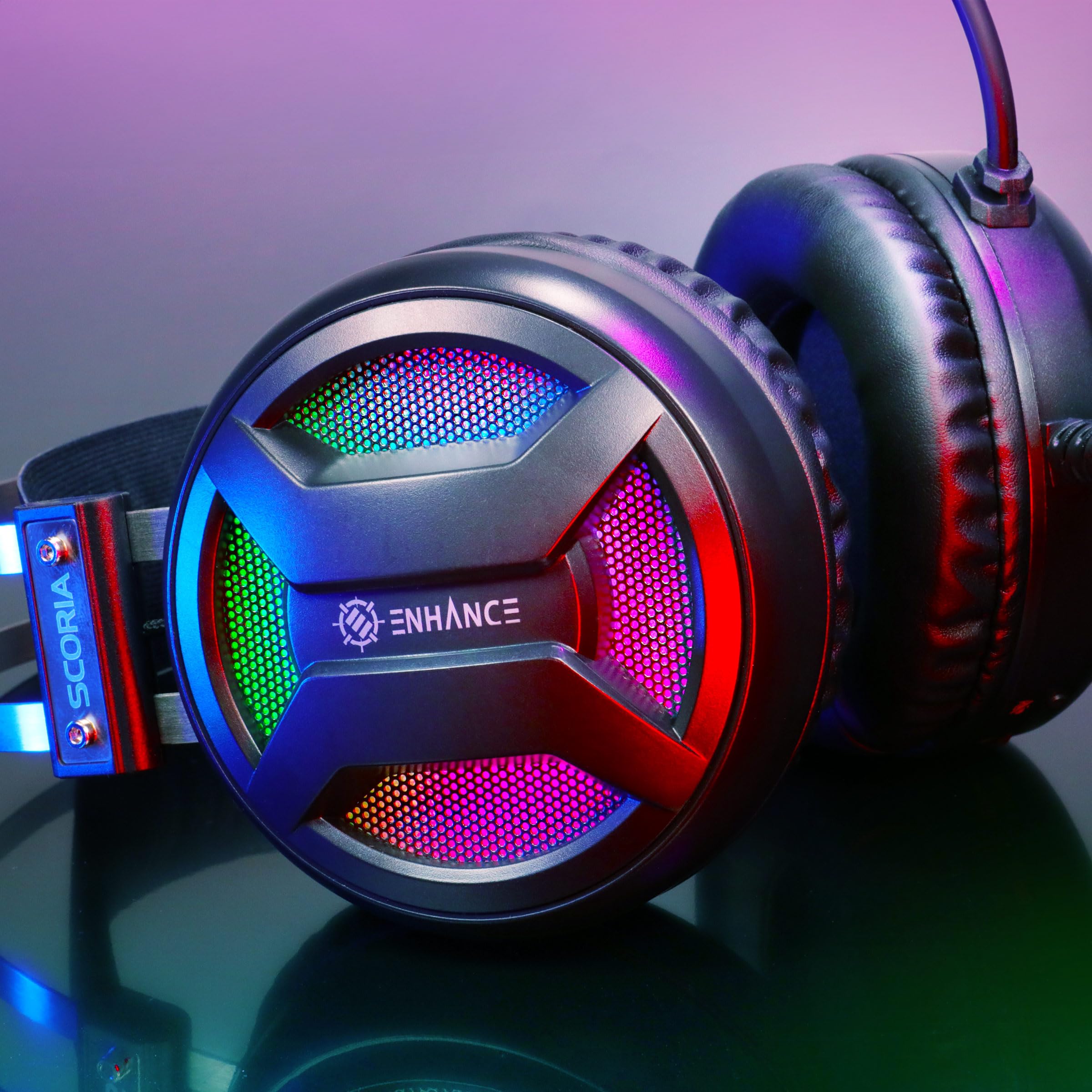 ENHANCE Gaming Scoria 2 Casque Filaire - Casque Gaming avec Son Surround 7.1, Coussinets en Mousse à Mémoire de Forme, Commandes Rapides - Micro Compatible avec PlayStation, PC