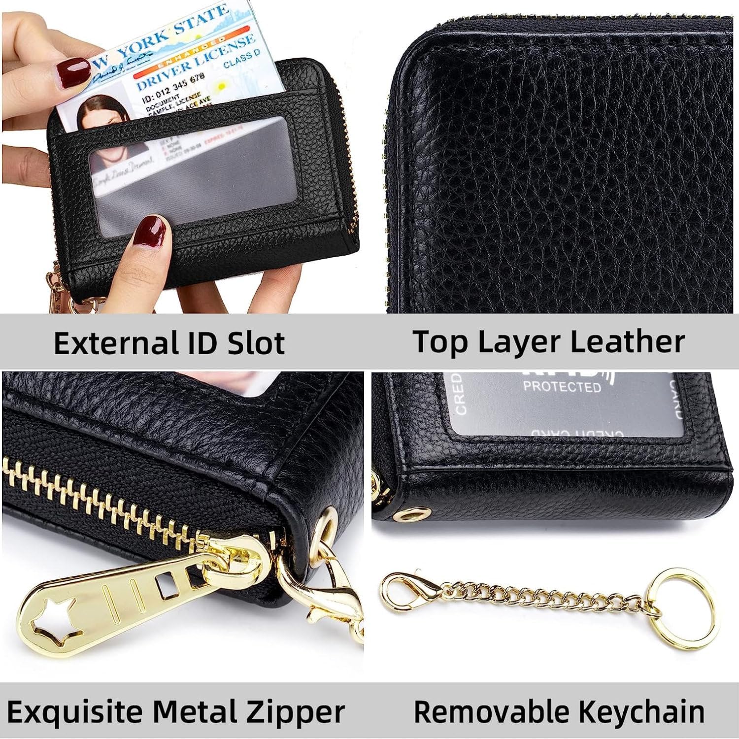 Tapp Collections RFID Credit Card Holder, Small Leather Zipper Card Case Wallet with ID Window & Detachable Keychain - Grass Green - Image 4
