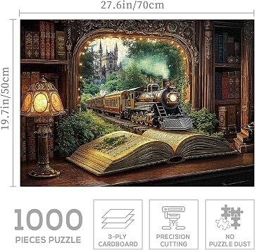 BBOLDIN Train Forest Book Puzzle 1000 Pieces for Adults, Magic Vintage Plant Jigsaw Puzzles Castle, Fantasy Bookshelf Nature Tree Puzzles