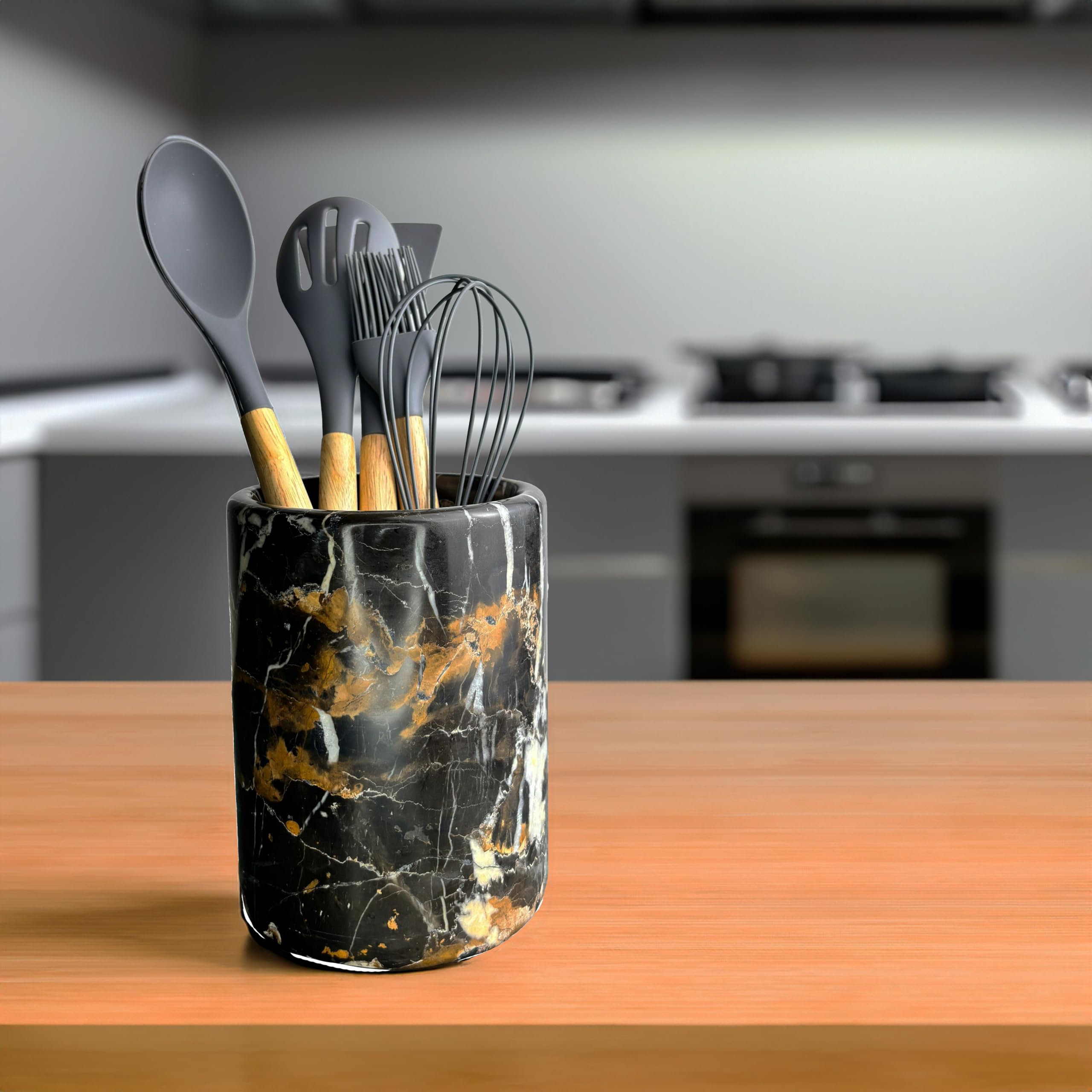 Marmor Krafts Handmade Marble Utensils Holder for Kitchen Utensil Storage and Tabletop - Organizer for Countertops, Pantry, Bathroom, Flower vase, Office & Center Table (Black & Gold)
