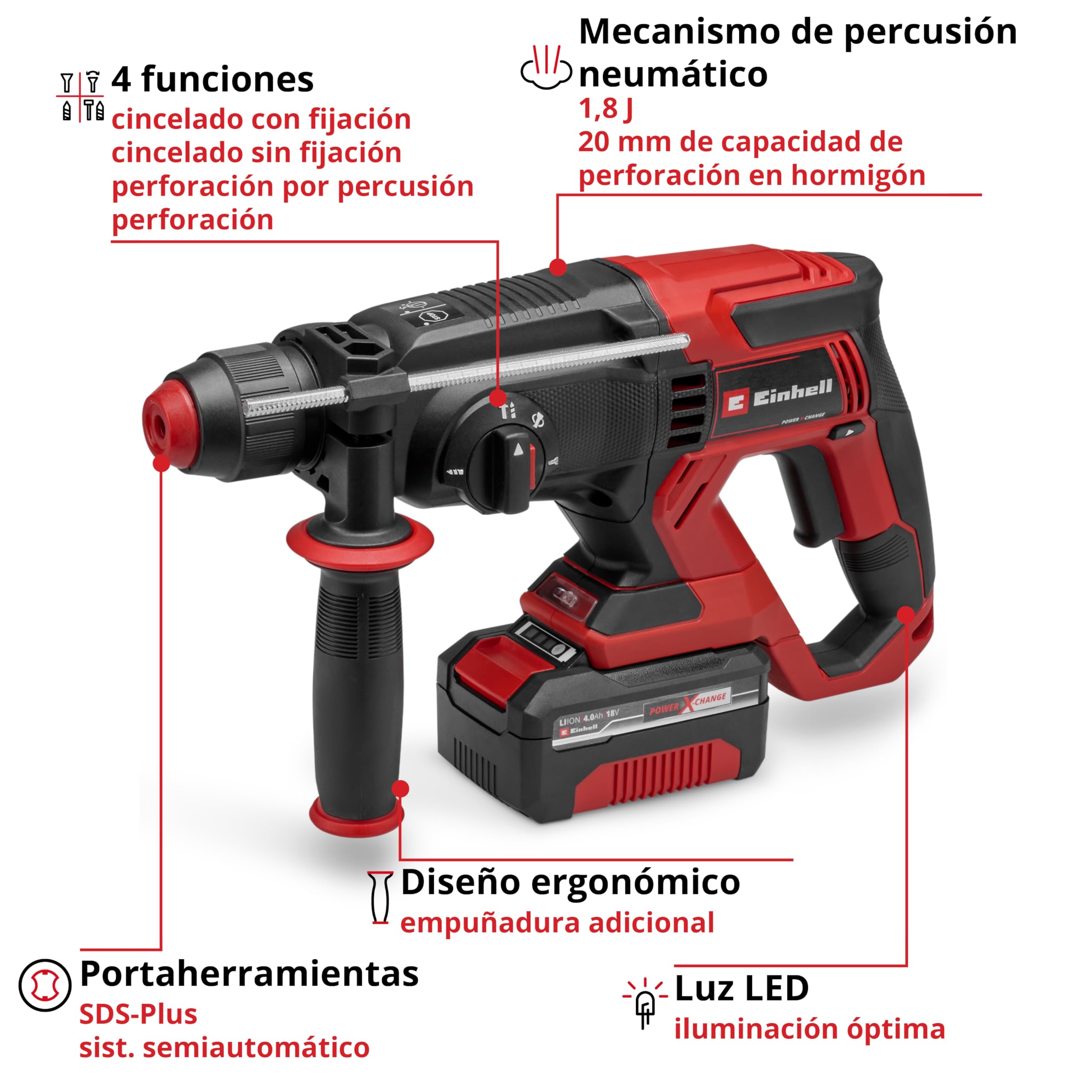 Einhell Martillo perforador con batería TE-HD 18/20 Li (1x4,0 Ah) Power X-Change (18 V, 1,8 J, SDS-plus, potencia de perforación de 20 mm en hormigón, 4 funciones, incl. batería 4,0 Ah + cargador)