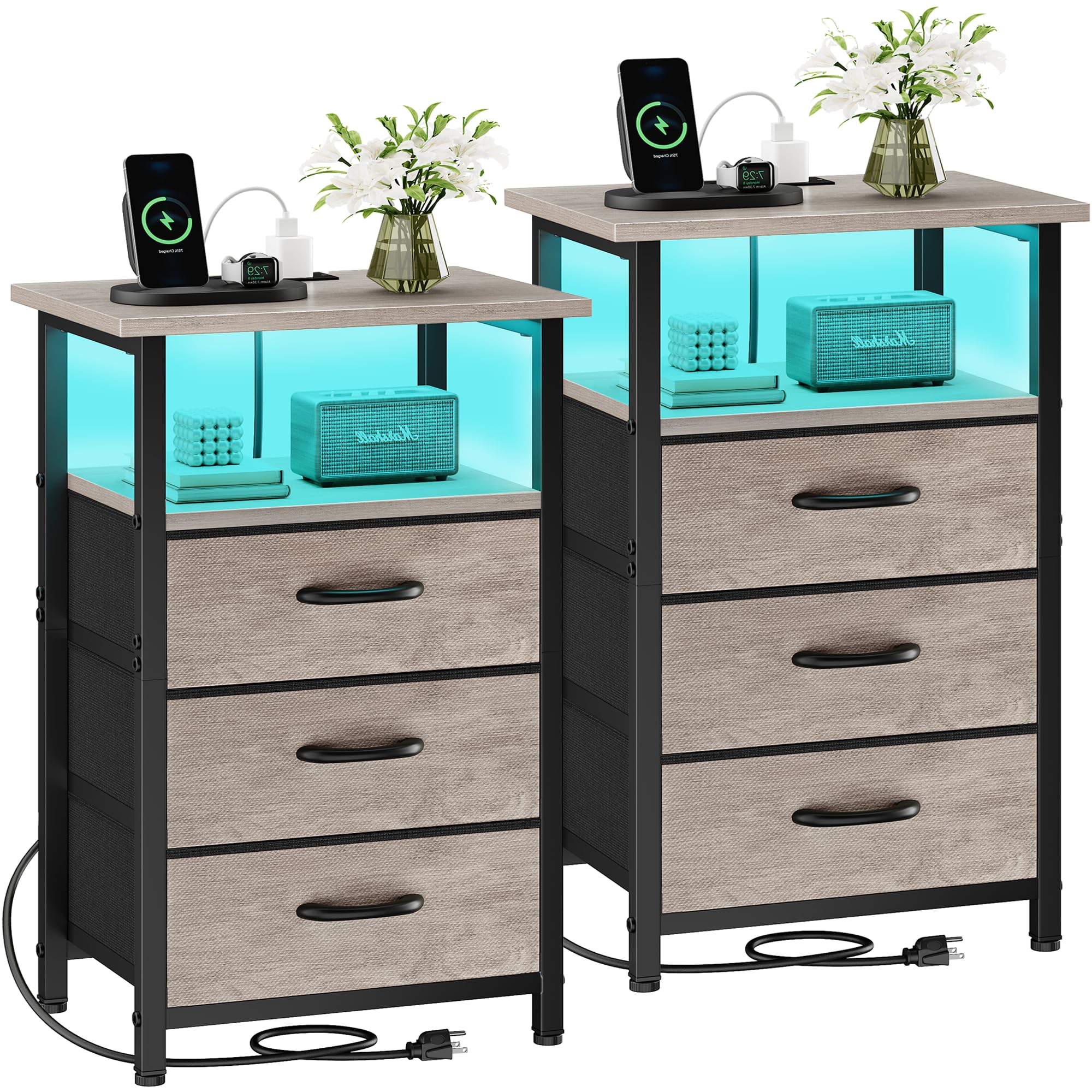 Vagusicc Bedside Table Set of 2, Night Stand with Charging Station