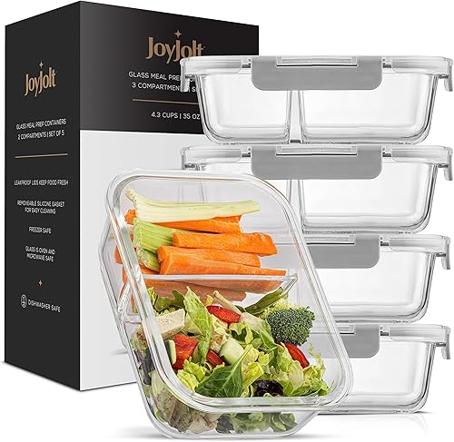 Miniatura 7 de JoyJolt Contenedores divididos para almacenamiento de alimentos con tapas herméticas. Paquete de 5 recipientes de vidrio para preparación de