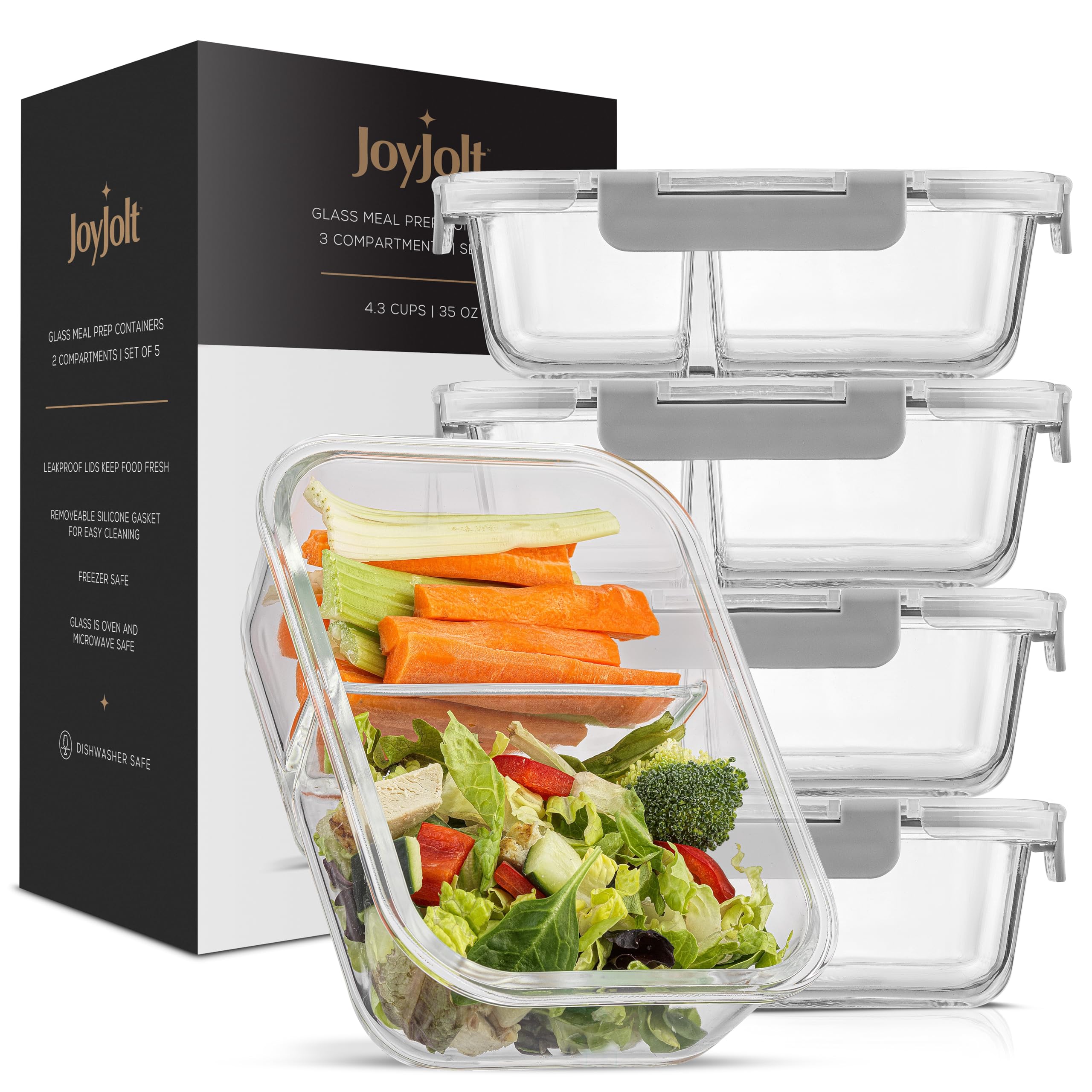 JoyJolt Recipientes divididos de almacenamiento de alimentos con tapas herméticas. Paquete de 5 recipientes de vidrio para preparación de comidas, juego de 2 compartimentos, caja bento de vidrio.